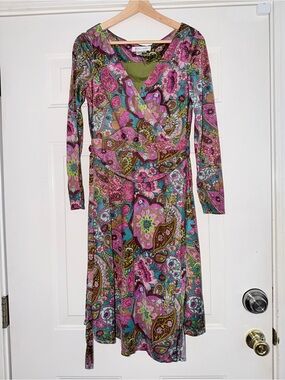 Kay Unger Women's Pink Paisley Faux Wrap Dress. Sz 8